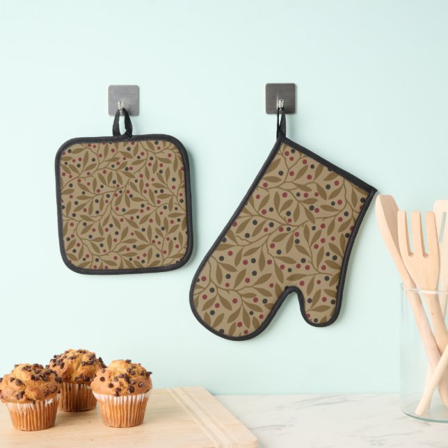 Leaf Berry Classic Colourful Pretty Pattern Art Oven Mitt & Pot Holder Set (Insitu(Hanging))