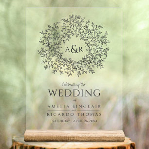 Leaf circle line art wedding dark grey and white  acrylic sign