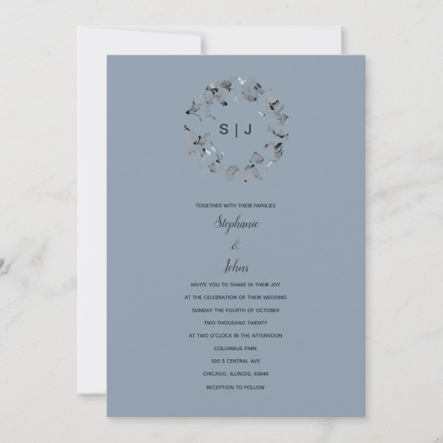 Leaf Crest Monogram Dusty Blue Grey Wedding Invitation (Front)
