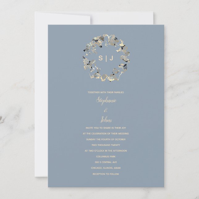 Leaf Crest Monogram Dusty Blue Ivory Wedding Invitation (Front)