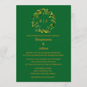 Leaf Crest Monogram Orange Forest Green Wedding Invitation