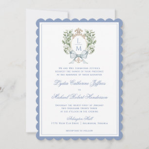Leaf Crest Monogram   Scalloped Wedding Invitation