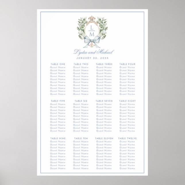 Leaf Crest Monogram Wedding Seating Chart (Front)