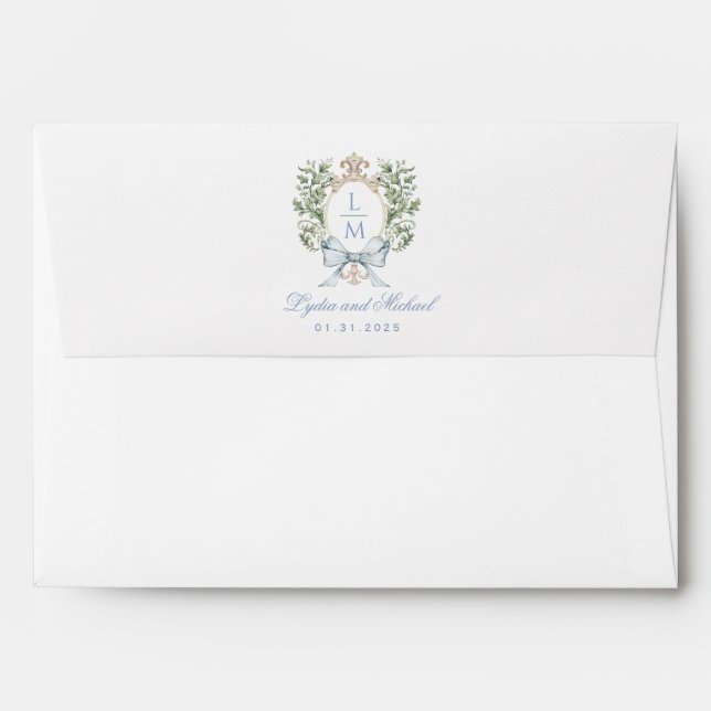 Leaf Crest w/ Bow Blue Text | Monogram Envelope (Back (Top Flap))