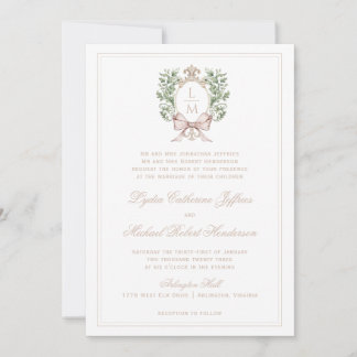 Leaf Crest w/ Bow Tan Text | Monogram Wedding Invitation