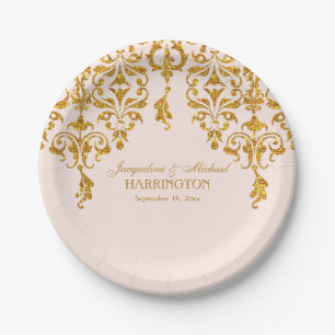 Leaf Damask Art Nouveau Glitter Reception Decor Paper Plate