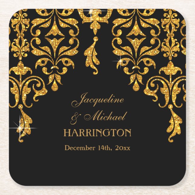 Leaf Damask Art Nouveau Glitter Reception Decor Square Paper Coaster (Front)