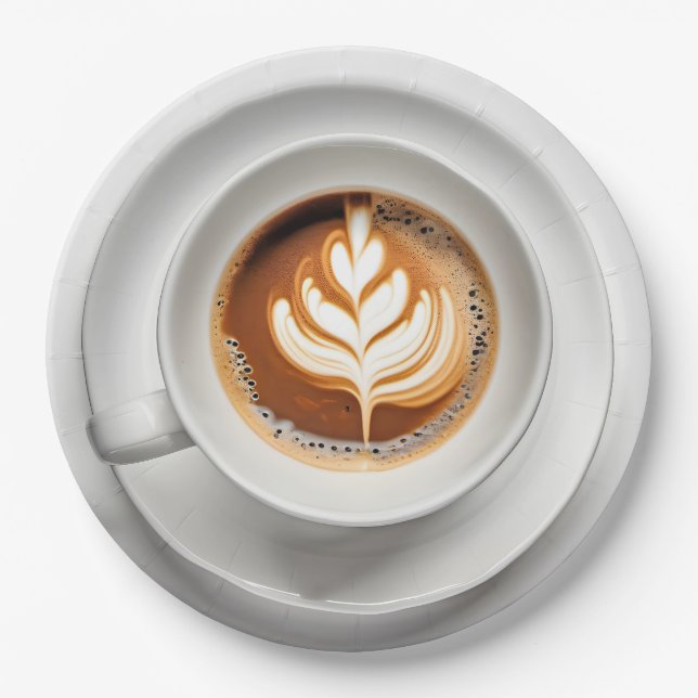 Leaf Design Cappuccino In White Cup Paper Plate (Front)