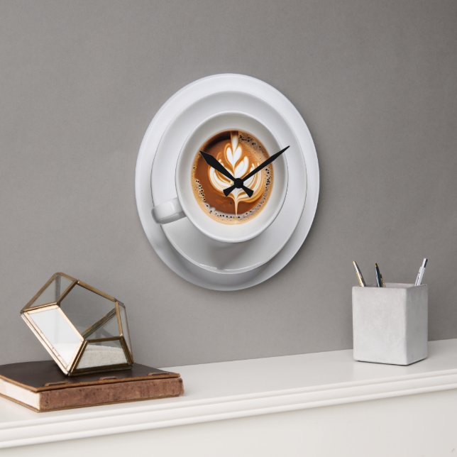 Leaf Design In White Cappuccino Cup Large Clock (Office)