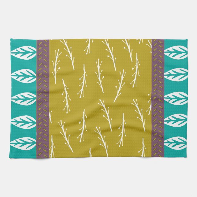 Leaf Design Tea Towel in Turquoise and Green (Horizontal)