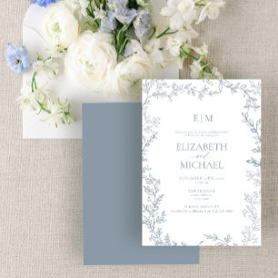 Leaf Dusty Blue Monogram Post Wedding Brunch Invitation