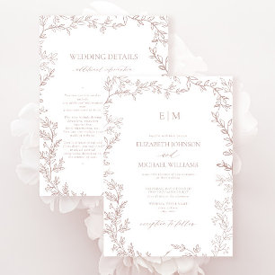 Leaf Dusty Rose Elegant Monogram Details Wedding Invitation