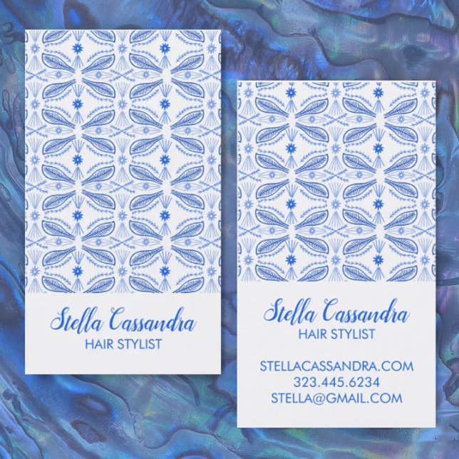 Leaf Feather Blue White Modern Tile Pattern Business Card (Creator Uploaded)