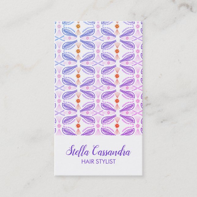 Leaf Feather Modern Tile Pattern Purple Business Card (Front)