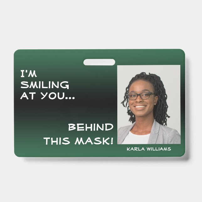 Leaf Green & Black Ombre Smiling Hello Behind Mask ID Badge (Front)