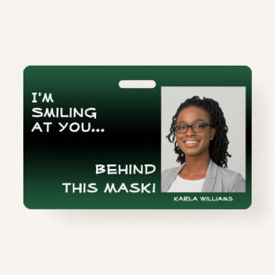 Leaf Green & Black Ombre Smiling Hello Behind Mask ID Badge