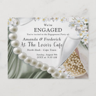 Leaf-Green Silk & Ivory Pearls Engagement Invitation Postcard