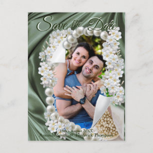 Leaf Green Silk & Ivory Pearls Save the Date Announcement Postcard