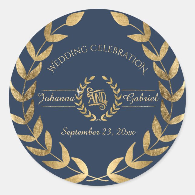 Leaf Greenery Wreath Navy Gold Wedding Celebration Classic Round Sticker (Front)