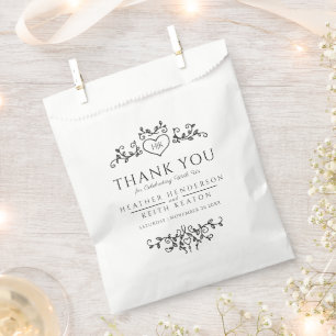 Leaf heart monogram black white wedding thank you favour bags