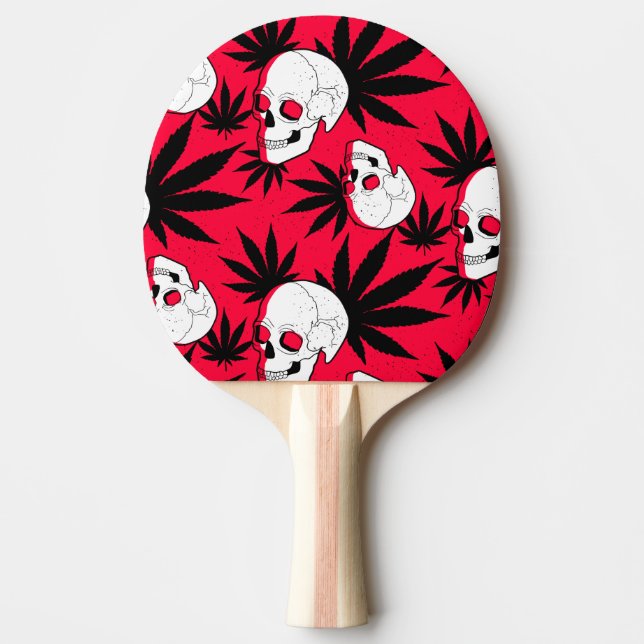 Leaf Herbal Plant and Skulls on Red Ping Pong Paddle (Front)
