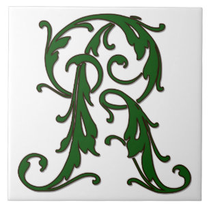 Leaf Letter R in Green Monogram Tile