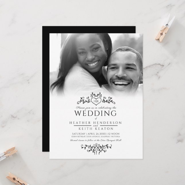 Leaf line art heart monogram black wedding photo i invitation (Front/Back In Situ)