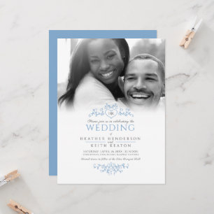 Leaf line art heart monogram blue wedding photo invitation