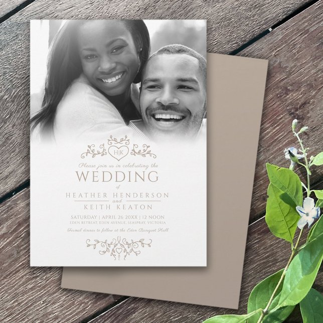 Leaf line art heart monogram brown wedding photo invitation (Creator Uploaded)