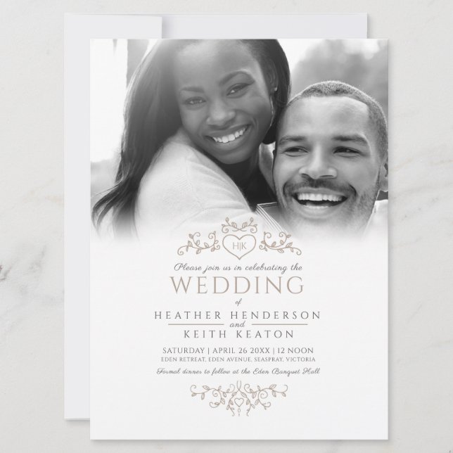 Leaf line art heart monogram tan wedding photo inv invitation (Front)