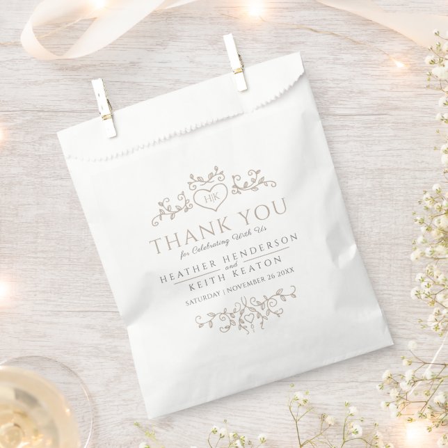 Leaf line art heart monogram tan wedding thank you favour bags (Clipped)