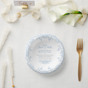 Leaf line art heart monogram white blue wedding paper plate