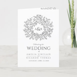 Leaf monogram art dark grey white wedding program programme