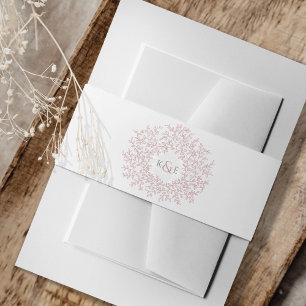 Leaf monogram art drawing dusty pink on white invitation belly band