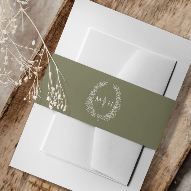 Leaf monogram art drawing olive green white invitation belly band (Creator Uploaded)