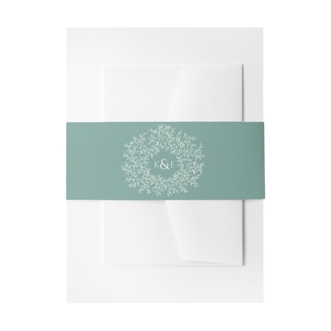 Leaf monogram art drawing white on sage green invitation belly band (Front Example)