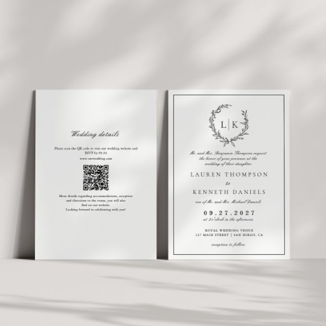 Leaf Monogram Crest Black White QR Code Wedding Invitation (Creator Uploaded)