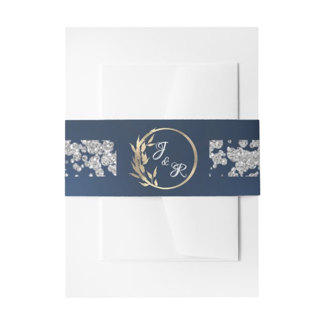 Leaf Monogram & Glitter on Blue Invitation Belly Band (Front Example)