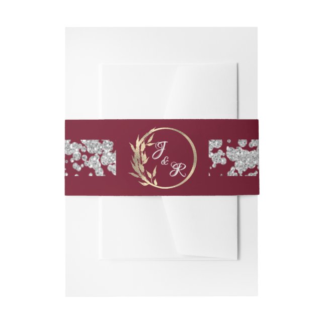 Leaf Monogram & Glitter on Burgundy Invitation Belly Band (Front Example)