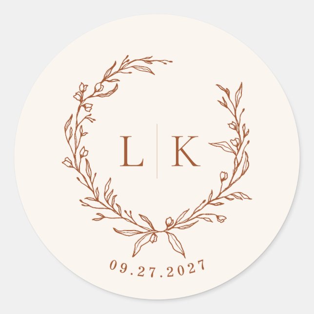 Leaf Monogram Terracotta Cream Wedding Classic Round Sticker (Front)