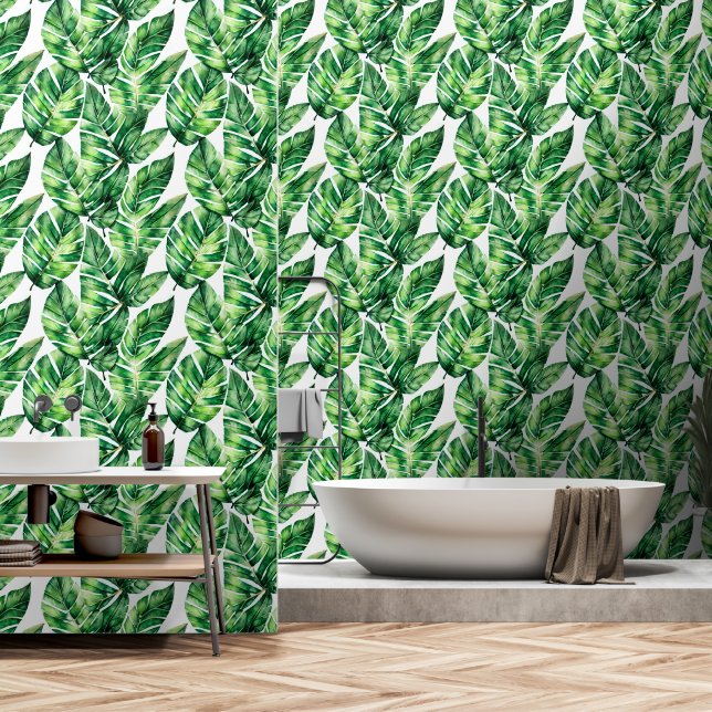 Leaf monstera evergreen pattern jungle foliage spa wallpaper (Bathroom)