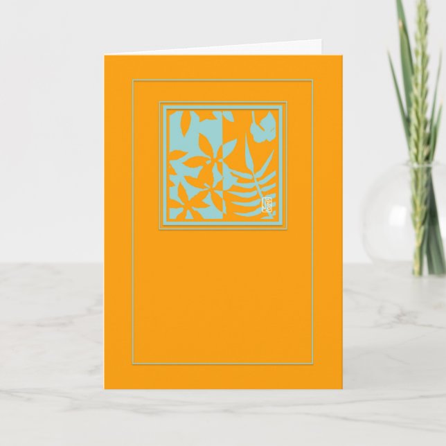 Leaf Motif  Teal on Orange Vertical Blank Card (Front)