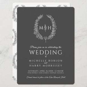 Leaf oval line art wedding dark grey and white invitation