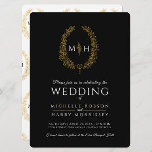Leaf oval line art wedding gold black and white invitation