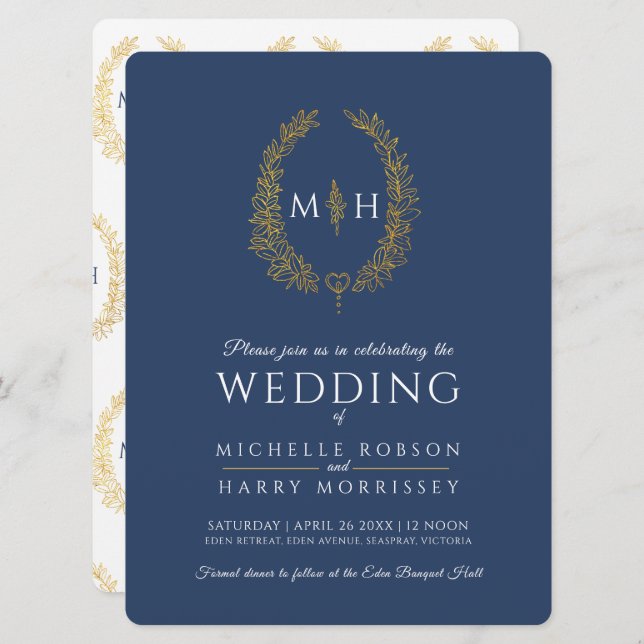 Leaf oval line art wedding gold navy blue white invitation (Front/Back)