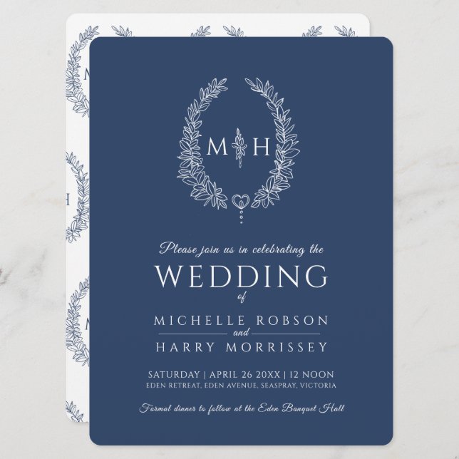 Leaf oval line art wedding navy blue and white invitation (Front/Back)