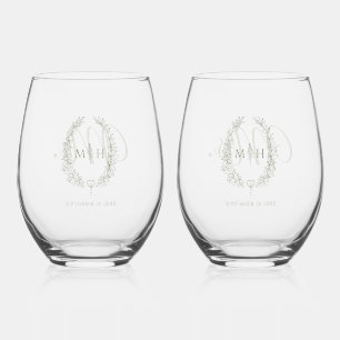 Leaf oval line art wedding Olive green Stemless Wine Glass
