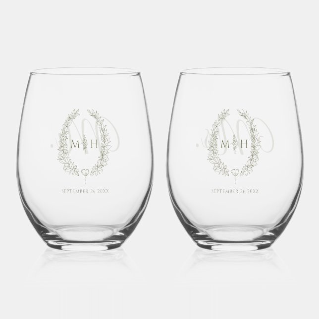 Leaf oval line art wedding Olive green Stemless Wine Glass (Front)