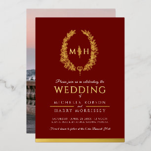 Leaf oval line art wedding photo burgundy red gold