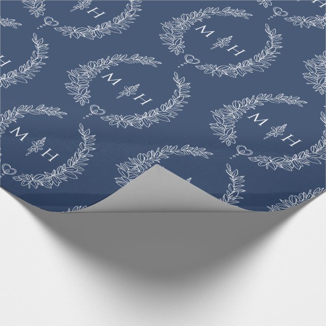 Leaf oval monogram drawing dark blue on white wrapping paper (Corner)